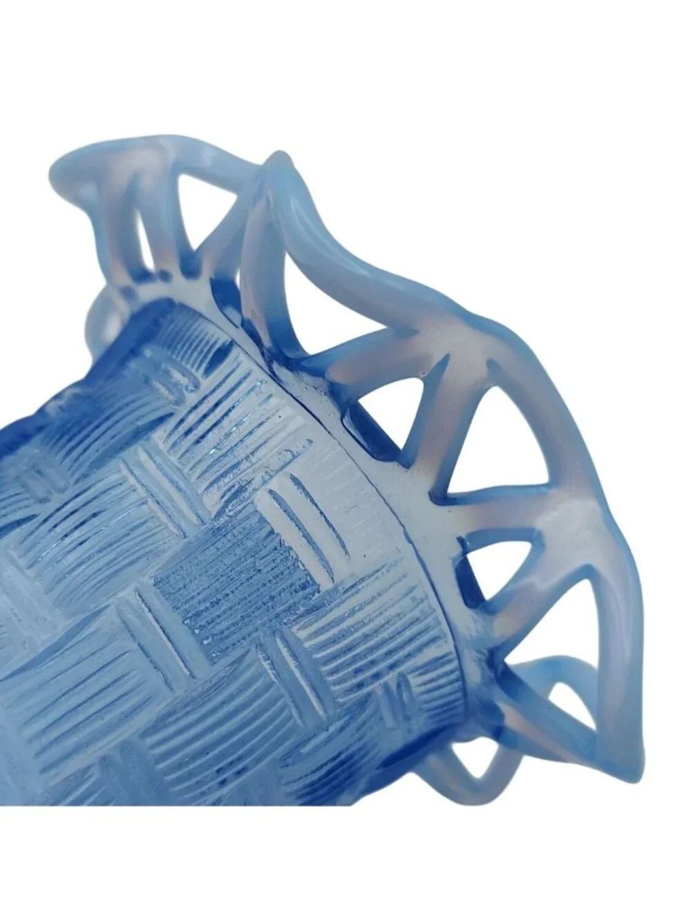 Fenton Glass Blue Opalescent Basket Weave 4 Toed Bud Vase Lace Ruffle Vintage